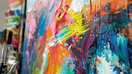 Vibrant abstract painting captured in close-up with dynamic brushstrokes. Artistic expression through bold paint splatters and colorful strokes. Close-up of modern art painting with a burst of colors