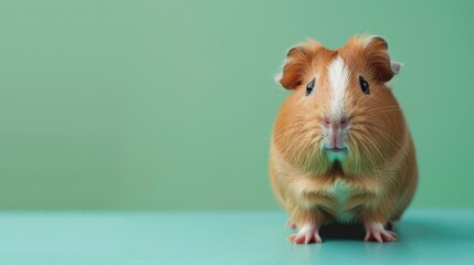 Warm brown-furred guinea pig centered against a light green background. Inquisitive guinea pig exploring a pastel green space. Sweet guinea pig in a soft-hued portrait for pet lovers.