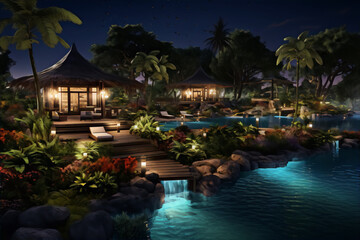 Tropical night paradise with overwater bungalows, palm trees and flowers in bloom.