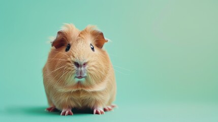 Cute brown and white guinea pig sitting against a teal green backdrop. Adorable pet guinea pig portrait on a vibrant background. Charming guinea pig with fluffy fur posing for a photo.