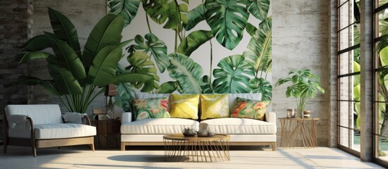 Obraz na płótnie Canvas A tropical-themed living room filled with various furniture pieces, including a sofa, coffee table, and armchairs. A large painting hangs prominently on the white wall,
