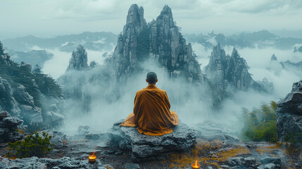 Envision a humble mountain shrine, where a monk offers prayers amidst swirling incense smoke, surrounded by towering peaks and serene silence - obrazy, fototapety, plakaty