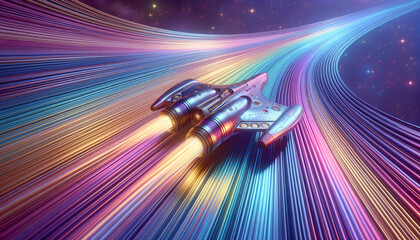 Retro-futuristic spaceship accelerating through serene pastel cosmos. - obrazy, fototapety, plakaty