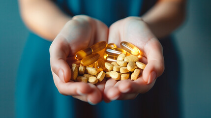 A Pair of Hands Holding Vitamins, Minerals, and Supplements with Person in Background. Nutrition and Health Wellness Concepts.