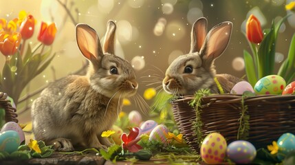 Fototapeta na wymiar An Easter-themed illustration, easter bunny and easter eggs