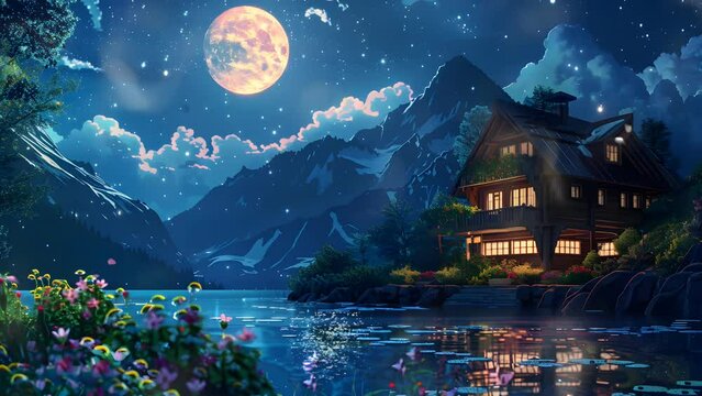 Moonlit Lakeside Dream: Charming House Bathed in Moonlight on a Full Moon Night. Seamless Looping 4k Video Animation
