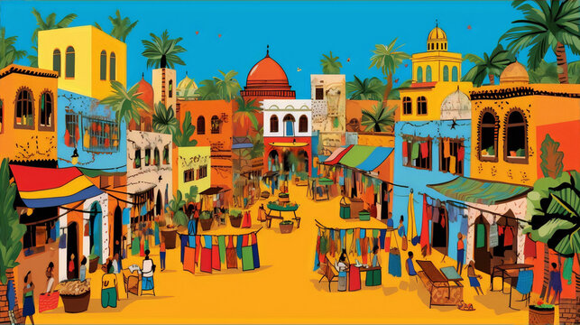 vibrant colors of an african marketplace with people and stalls