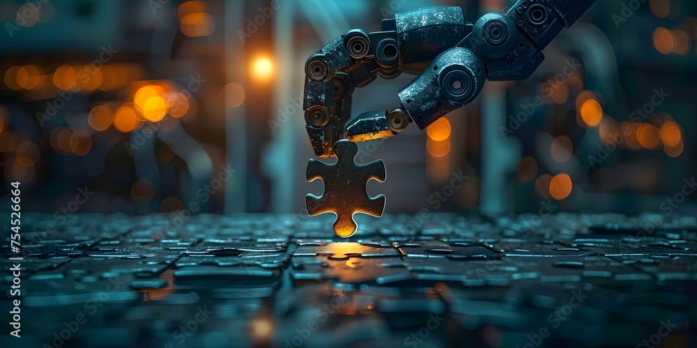 Poster minimalist robotic arm solving a puzzle. concept robotics, puzzle-solving, minimalist design