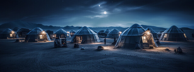 Desert camp at night with illuminated tents under starry sky and mountains in the background
