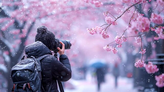 photographer take a photo in winter. Seamless looping time-lapse 4k video animation background