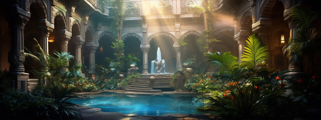 An oasis courtyard with a fountain, plants, and sunlight shining through the arches. - obrazy, fototapety, plakaty