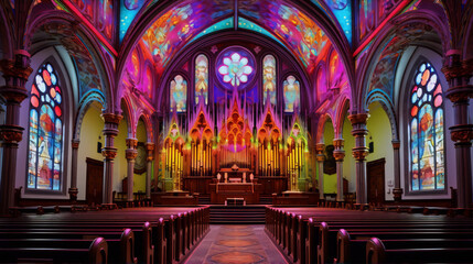 Stained glass windows in a church with bright colors. - obrazy, fototapety, plakaty