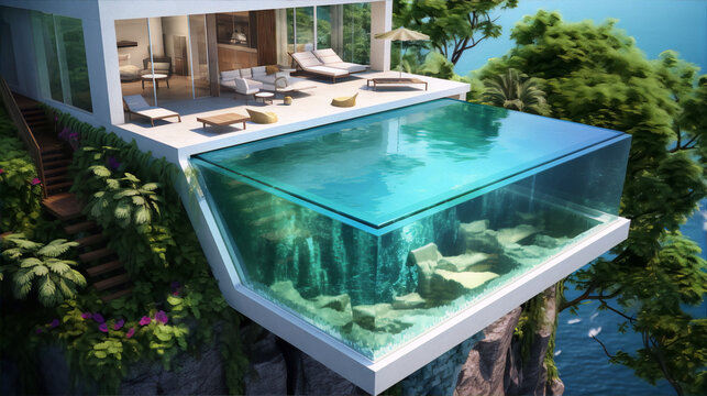 3D rendering of a modern house with an infinity pool on a cliff overlooking the ocean.