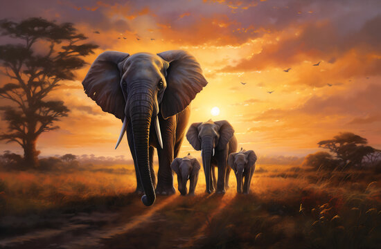 Twilight Procession of Elephants