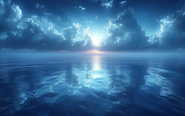 Breathtaking view of a serene ocean sunset, adorned with starry clouds and a light reflecting off the gentle waves.
