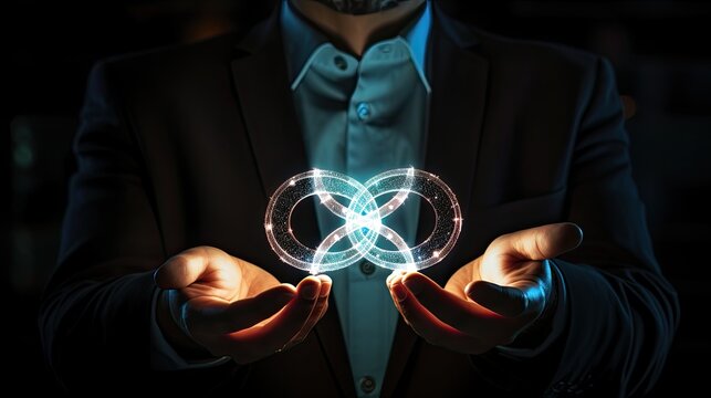 DevOps concept, an IT engineer holding the glowing devops symbol, software development practices concept