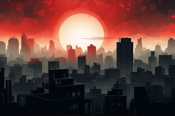 Dark Cityscape with Red Sky and Moon in the background
