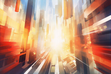 Abstract cityscape with bright light in the center in warm colors with a hint of blue in the background. - obrazy, fototapety, plakaty