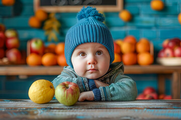 Fototapeta premium A little cute boy in a knitted hat sits at a table with fruit.