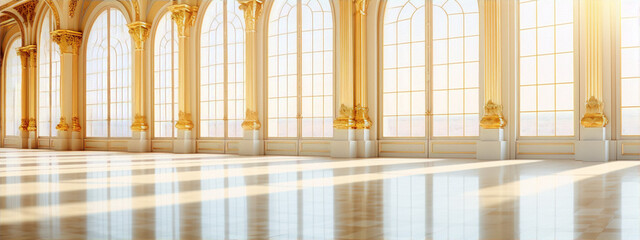 Luxury empty classic interior with golden columns and arched windows - obrazy, fototapety, plakaty