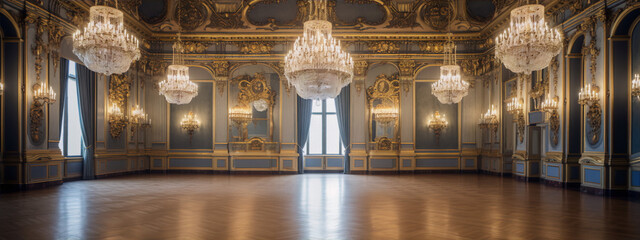 Baroque, Rococo, Renaissance, Neoclassicism, Europe, Palaces, Chandeliers, Windows, Mirrors, Gold, Blue, Brown - obrazy, fototapety, plakaty