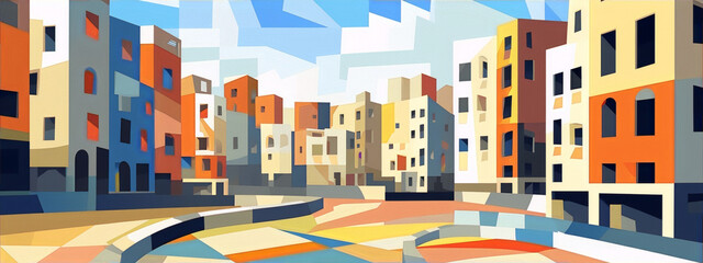 Cityscape with colorful buildings in a geometric cubism style