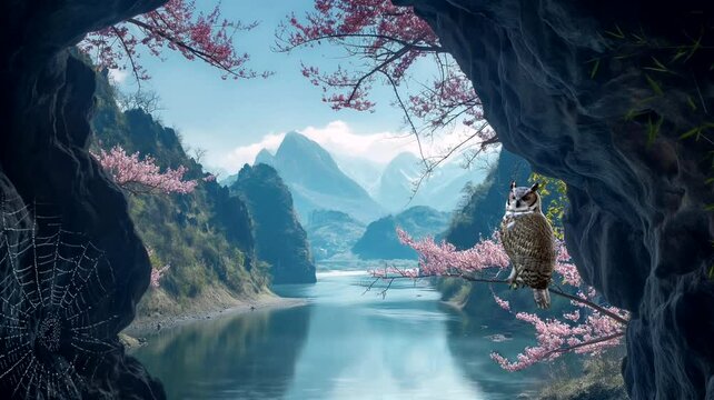 Mountains rocks with river view from cave, owl and cobweb in the cave. Seamless looping time-lapse 4k video animation background