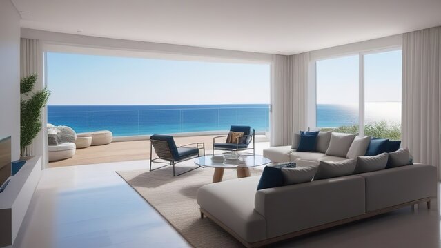 Modern white living room with sea view. the room is furnished with white and gray furniture.The large windows overlook the sea