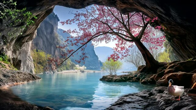 Duck with butterflies in the cave, landscape with blossoms viewing from cave. Seamless looping time-lapse 4k video animation background