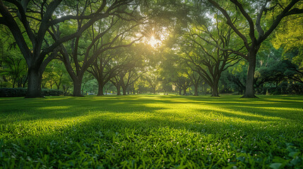 Fototapeta na wymiar Envision a lush spring city park with towering oak trees providing welcome shade, their branches adorned with fresh green leaves swaying in the spring breeze