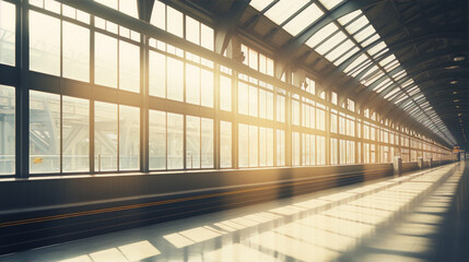 futuristic empty airport terminal interior with large glass windows - obrazy, fototapety, plakaty