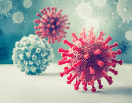 Gros plan sur un virus, avec un arri&egrave;re-plan flou et un espace de copie