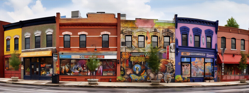 City street with colorful murals painted on the brick buildings in the image art category and street art style subjects and blue, green, red colors.