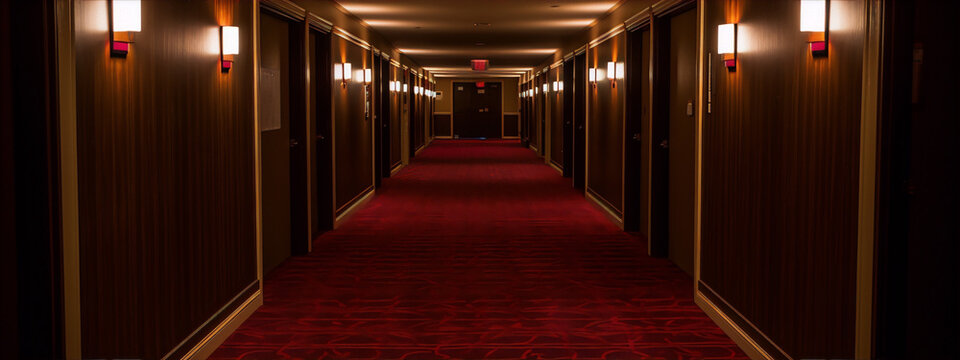 liminal space, hotel hallway, red carpet, dark, eerie, fluorescent lights