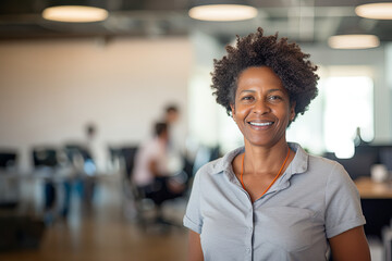 Fototapeta premium Portrait of smiling African American businesswoman standing in office