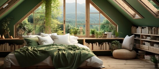 A cozy bedroom in the attic with white and green walls, featuring a comfortable bed with cozy bedding, a bookshelf filled with books, and a window letting in natural light.