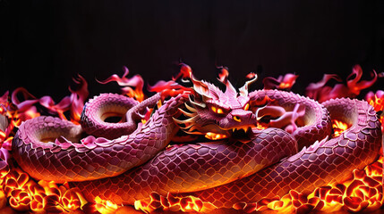 Obraz premium Mystical Fire Dragon and Snake Illustration on Red, Dark Background.