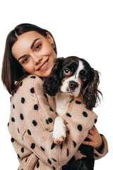 a woman hugging her dog spaniel isolated on white background, chic, pets, textures, canine, candid moments, isolated background, cutout, png, sweater, happy moments, social media, canva