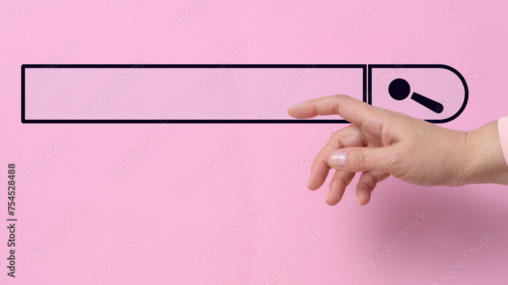 Poster female hand with a raised forefinger and a virtual loading bar. abstract future background