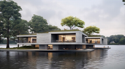 Fototapeta na wymiar Modern concrete house with large windows on a lake surrounded by trees