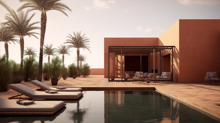 Luxury modern pool villa with terrace and palm trees in the desert - obrazy, fototapety, plakaty