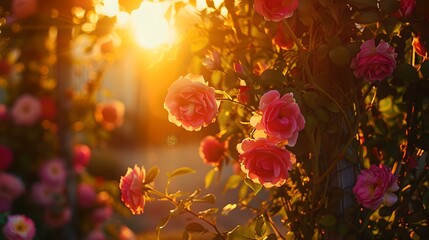 Obraz premium Sunset glow on blooming roses, a serene natural atmosphere. perfect for decor, peaceful summer mood representation. vibrant colors, outdoor floral scene. AI