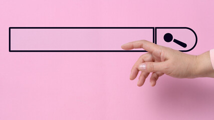 Female hand with a raised forefinger and a virtual loading bar. Abstract future background