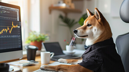 A Shiba dog in a suit sits and poses in the background where the stock chart is displayed on the monitor