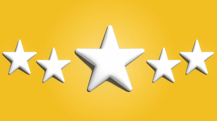 Five white stars on a yellow background, service and service rating concept. 3D render illustration