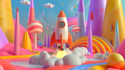 A stylized rocket launching in an abstract environment, surrounded by vibrant colors