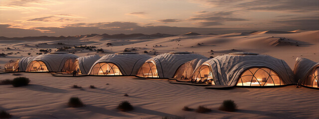 Futuristic luxury desert resort with domed suites at sunset - obrazy, fototapety, plakaty
