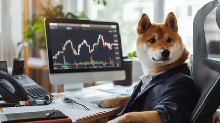 A Shiba dog in a suit sits and poses in the background where the stock chart is displayed on the monitor