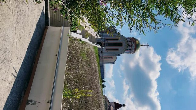 VARVAROVKA, RUSSIA - August 15, 2023: The Church of Varvara the Great Martyr in the village of Varvarovka, a suburb of Anapa, Krasnodar Territory. 4K