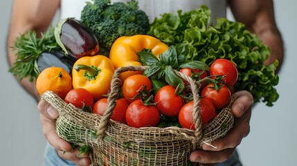 Fototapeta premium Fresh assortment of colorful vegetables held in a reusable mesh bag. healthy food choices, sustainable living. rich in nutrients, perfect for vegetarians. AI